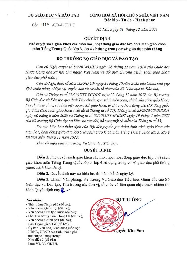 TOÀN VĂN QUYẾT ĐỊNH SỐ 4119-QĐ-BGDĐT PHÊ DUYỆT SÁCH GIÁO KHOA